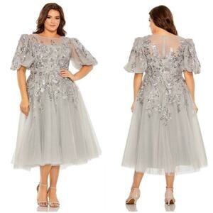 Mac Duggal 20475 Silver Gray Sequin Beaded Tulle Midi Dress Size 12 NWT